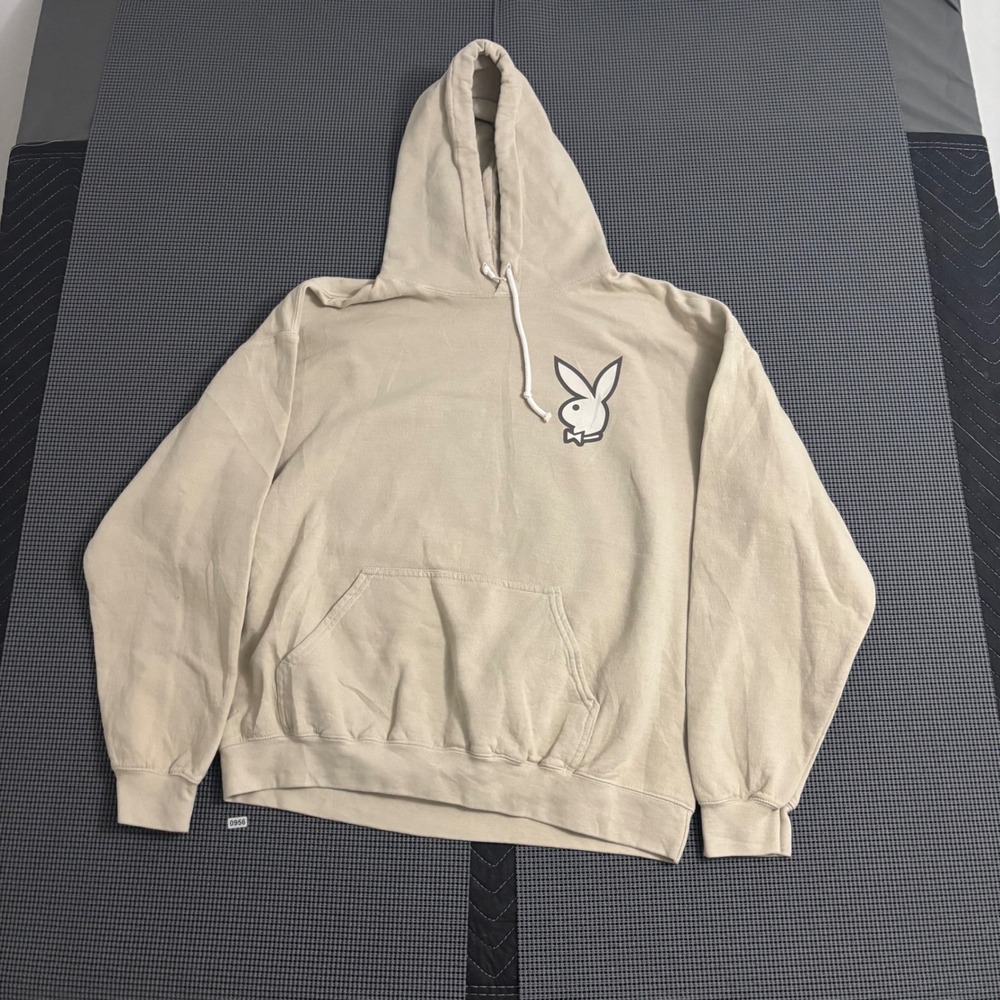 Playboy Bunny Logo Graphic Hoodie Tan Sand Mens Medium Pop Art Back Print